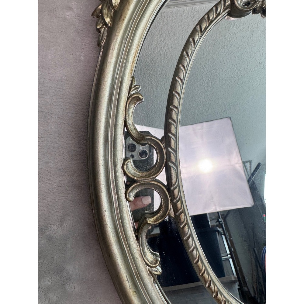 Vintage Ornate Oval Mirror Antique Silver Italy Baroque Scrollwork 18.5x11.5 - Picture 6 of 7